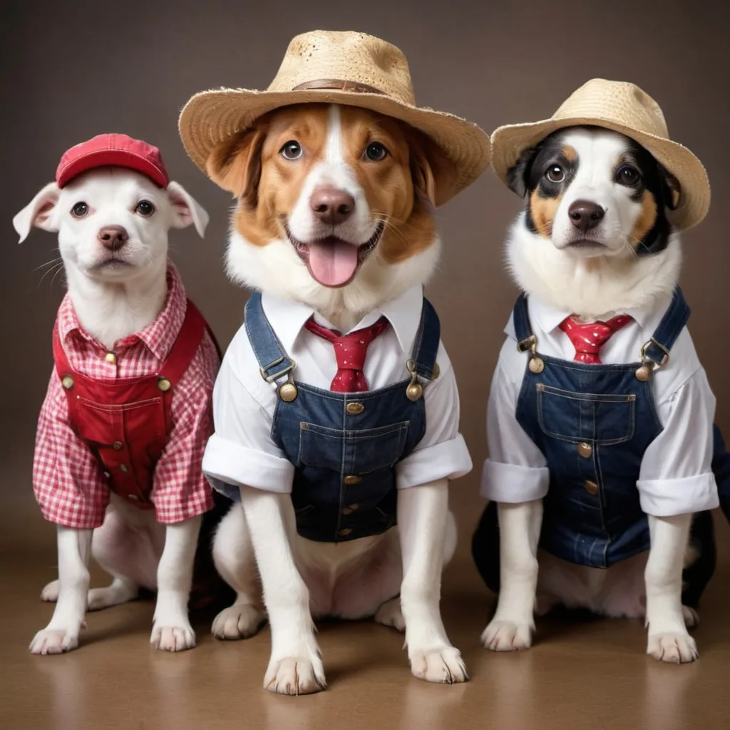 Prompt: create an image od pets wearing farm dresses, with hats and boots at the office
