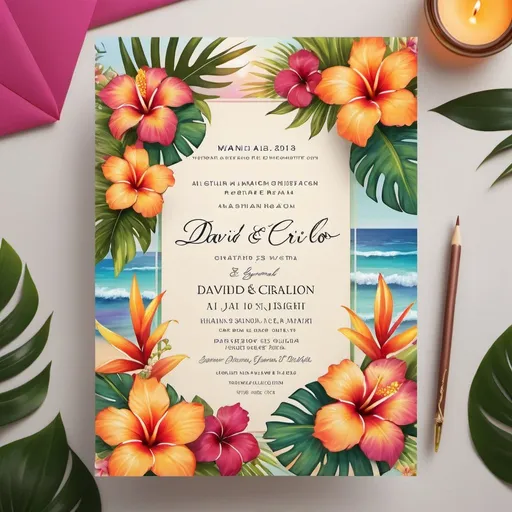Prompt: Hawaiian-style tropical wedding invitation, vibrant floral, David Criollo and Ingris Cordero, romantic sunset beach setting, digital painting, high quality, vibrant colors, tropical theme, detailed floral arrangement, romantic, tropical wedding, custom names, soft and warm lighting