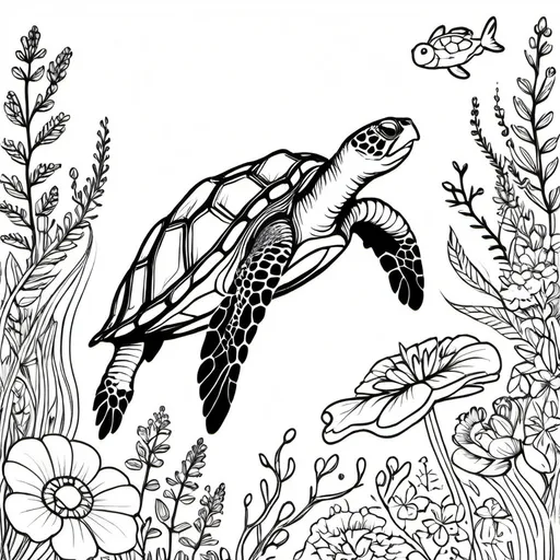 Prompt: a turtle swimming in the ocean surrounded by flowers and plants coloring page for adults and children, with a black and white version, Alison Kinnaird, modern european ink painting, intricate line drawings, lineart