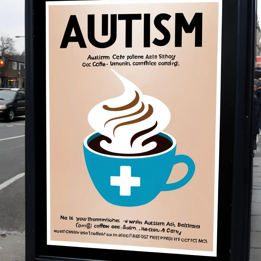 Prompt: a poster for a coffee shop called Autism