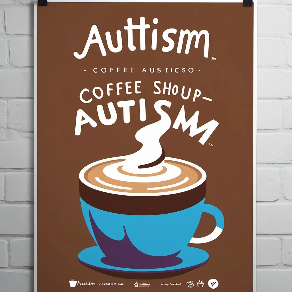 Prompt: a poster for a coffee shop called Autism