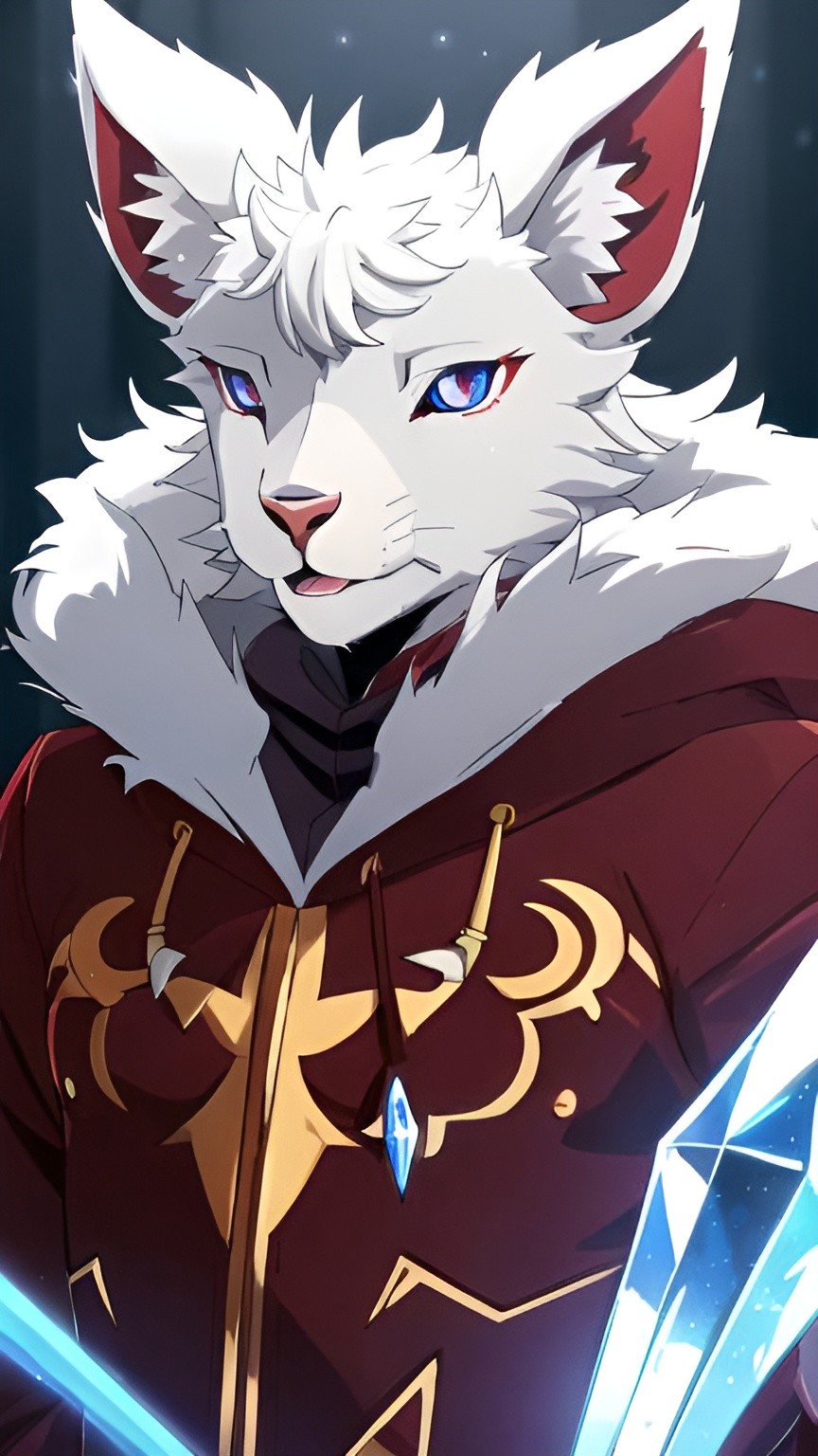 Prompt: Anthropomorphic male lamb with amber fur and red wine fur patterns, cute expression with tongue out, crystal blue eyes, detailed fur, high quality, hoodie, cold lighting, anthropomorphic, red wine fur patterns, cute expression, crystal blue eyes, amber fur, detailed fur, highres, cold lighting, alone