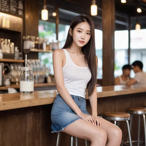 Prompt: Modern cafe, 26-year-old Korean woman,
Her face is slim, sharp oval face, cat-like, and perfectly pretty.
Long straight hair
,She is wearing Thin white tank top that is slightly transparent and a very short denim skirt and is sitting on a high bar chair facing me.
The background is blurry.
Legs were not crossed.
Sensual. 
Realistic,  photographic images