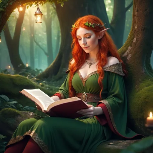 Prompt: Curvy red haired half elf mage relaxing with a book
