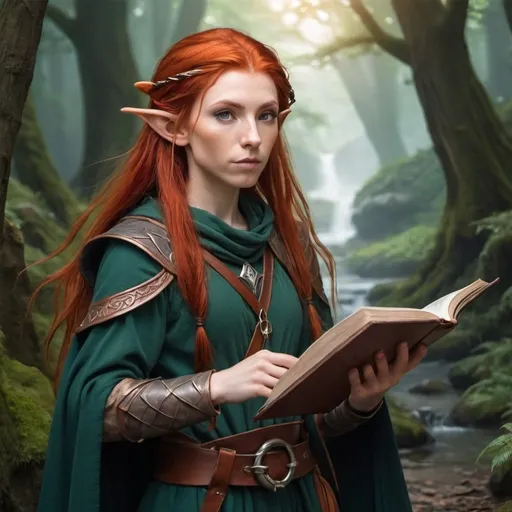 Prompt: A red haired half elf mage setting out on an adventure