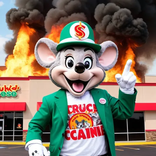 Prompt: chuck e cheese snorting cocaine with a $100 bill as the building is on fire