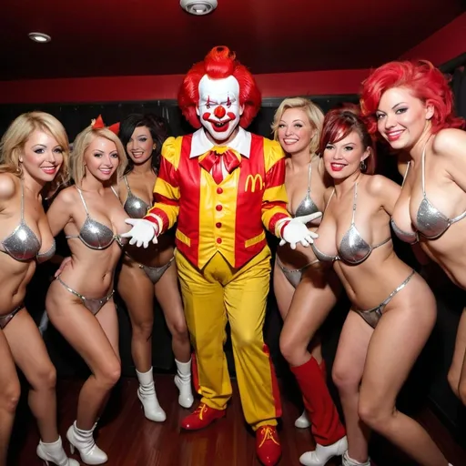 Prompt: Ronald mcdonald surrounded by strippers