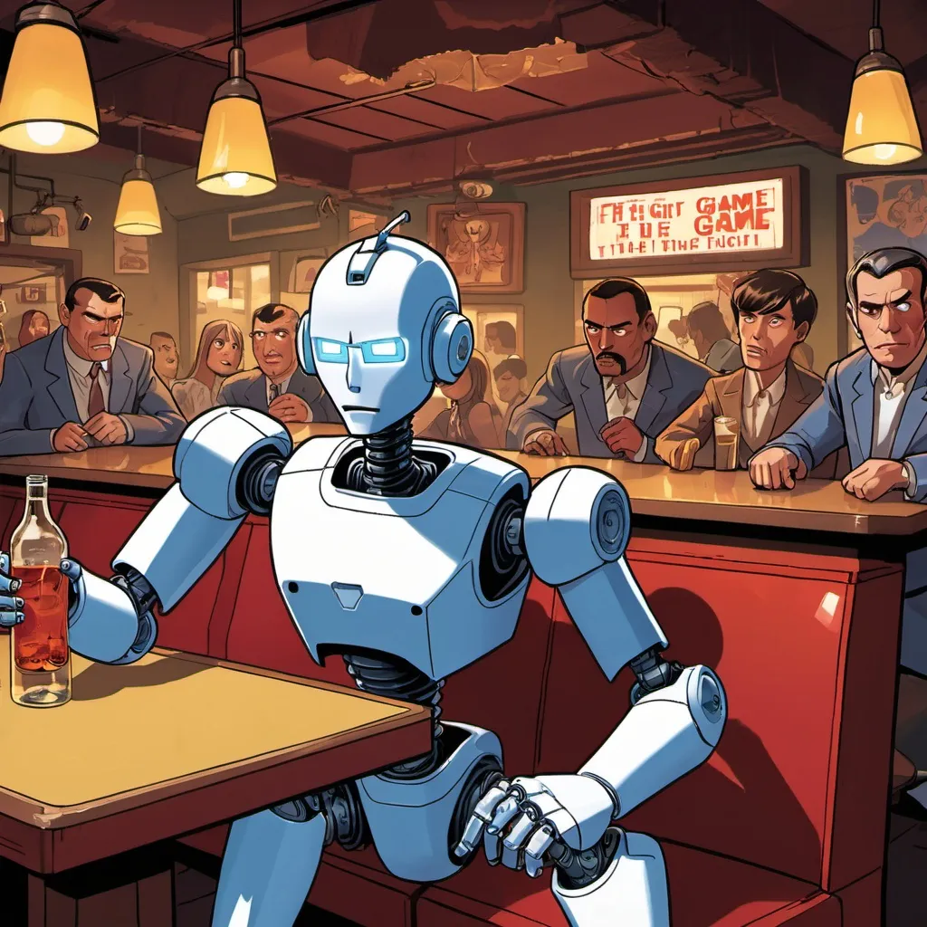 Prompt: The Fight Game cover art, A recently obsoleted humanoid robot must become a fighting robot in a shady bar call "The Fight Game", cartoon illustration