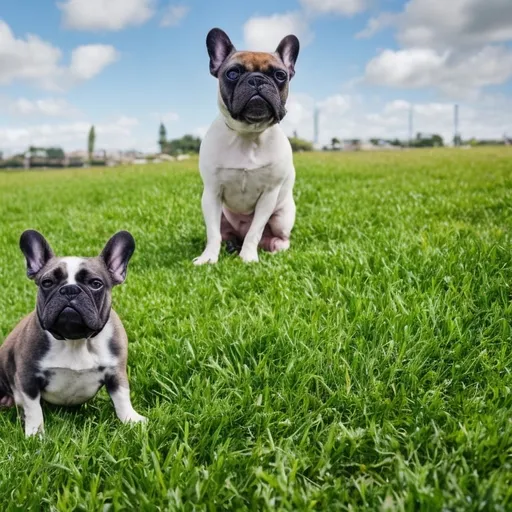 Prompt: Realistic 4k Cinematic A french bulldog sitting on green grass looking up at the camera with one ear up and one ear down. The bulldog is white and brown spotted with blue eyes.