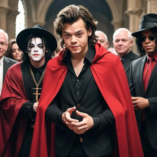 Prompt: Harry Styles as a sorcerer with a red cape meets Michael Jackson as a cleric