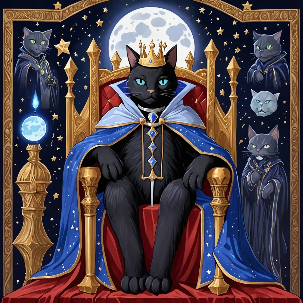 Prompt: a full body portrait of an anthropomorphic black cat wearing a silver collar and a blue wizard robe and cloak with moon and stars, sitting on a throne, artist, furry art, detailed portrait, a detailed painting, wearing royal regalia: a crown, scepter (cat's paw). Necromancer.