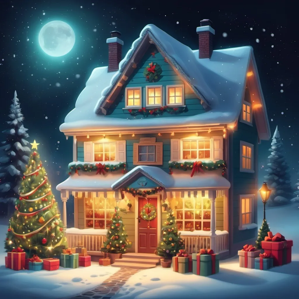 Prompt: A wonderful and bright Christmas tree with lots of presents on a radiant night. And a beautiful cozy little house all decorated next to it.