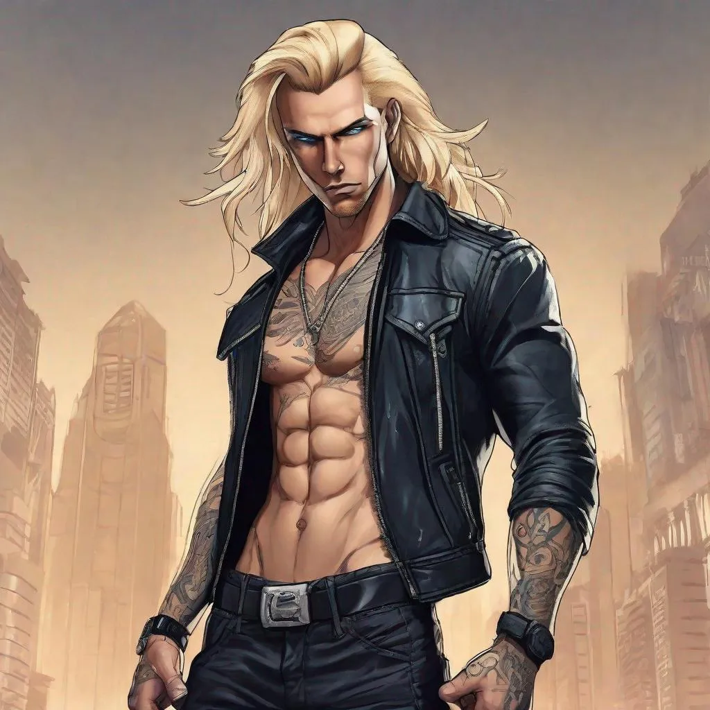 Prompt: A blonde gangster with an open black leather jacket, exposing his tattooed abs. He has long blonde hair and blue eyes, tattoos cover his arms and chest. Despite his abs, he should have a skinny build. Render in a sci fi concept art style