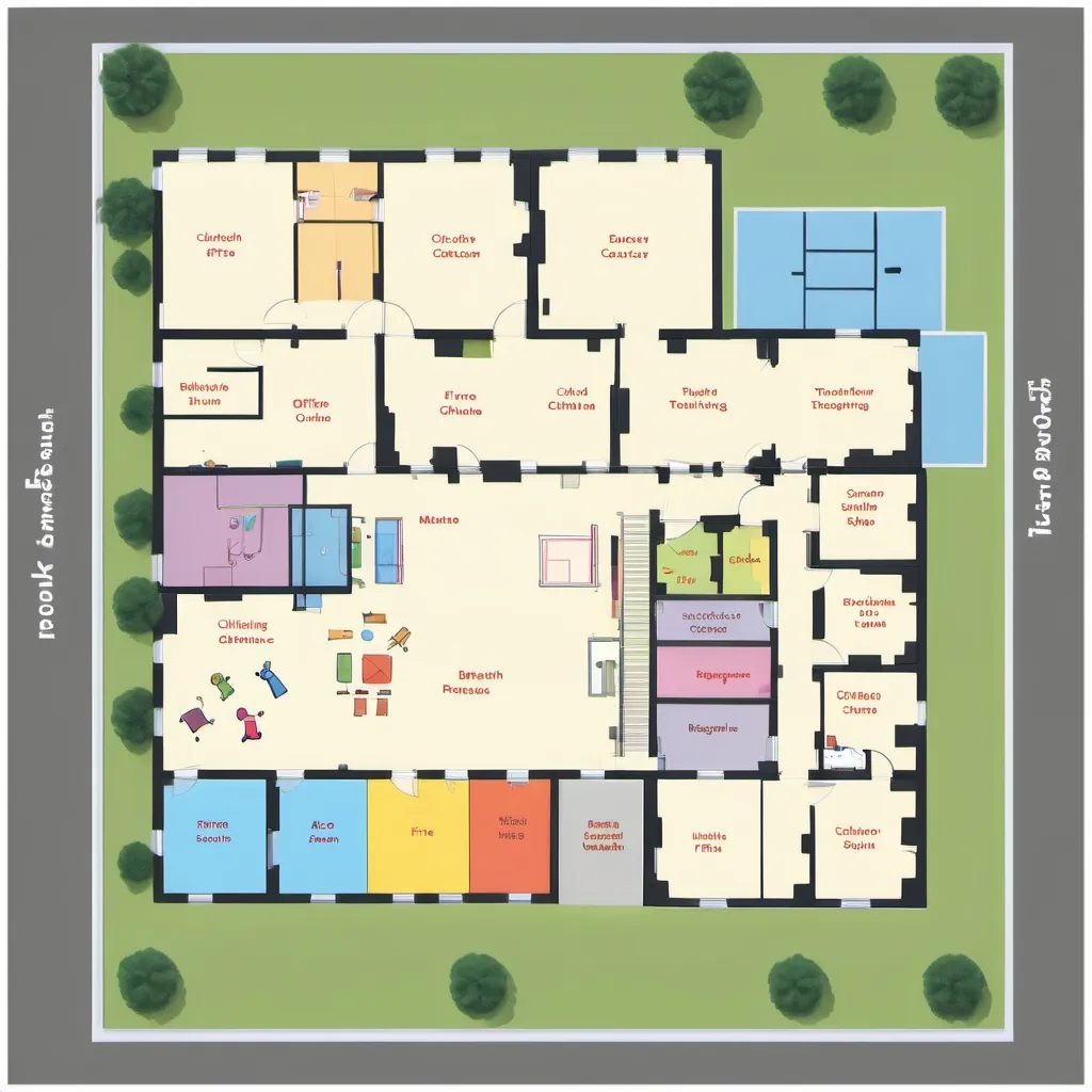 Prompt: SHOW ME IMAGE of a floor plan RECTANGULAR SHAPE for daycare center with right placement, including the head of the school office, admin staff, faculty and twachers, cashier, registrar, canteen personel, mainetance and ofcourse the room of children 3-4 years old. include also the non teaching and teaching spaces and with fire exit AND MAKE SURE IT IS CLEARY LABELED AND EASY TO VIEW AND IN ARCHITECTURAL FLOORPLAN. MAKE SURE THE THINGS ARE CLEAR AND WITH LABEL AND MAKE SURE IT IS NOT CROWDED, MAKE IT SPACIOUS FOR KIDS