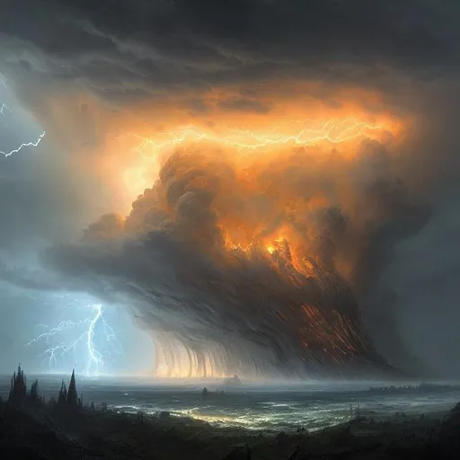 Prompt: Generate an awe-inspiring yet terrifying close-up of a massive, storm-bringing giant with lightning crackling around them, fantasy art, intricate, fear, digital painting, artstation, concept art, thunderous skies.
