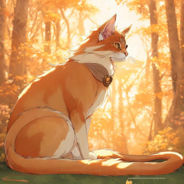 Prompt: Warm-toned anime illustration of an elegant cat, shades of orange and gold, lush natural setting, sun-dappled forest in the background, luxurious fur with warm highlights, graceful posture, ornate collar with bells, best quality, highres, ultra-detailed, anime, warm tones, detailed eyes, elegant design, professional, natural lighting
