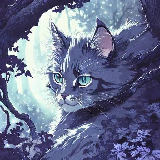 Prompt: Cool-toned anime illustration of a graceful cat, shades of blue and purple, mystical forest setting, moonlight filtering through the trees, detailed fur with subtle highlights, captivating and mysterious gaze, ornate collar with moon-shaped charm, best quality, highres, ultra-detailed, anime, mystical, cool tones, detailed eyes, graceful design, professional, enchanting lighting
