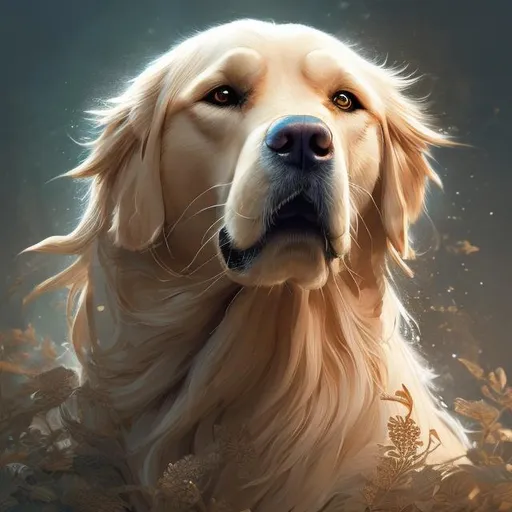 Prompt: Generate a captivating close-up illustration of a loyal and graceful golden retriever, fantasy, intricate, elegant, highly detailed, digital painting, artstation, concept art, warm and inviting expression, lush natural setting.