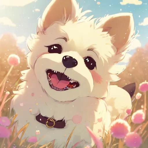 Prompt: A cute anime illustration of a happy dog, warm and cozy color tones, sunny meadow setting, flowers in the background, fluffy fur with warm highlights, joyful and playful expression, colorful collar, sunlight casting a warm glow, best quality, highres, ultra-detailed, anime, warm tones, detailed eyes, fluffy design, professional, natural lighting
