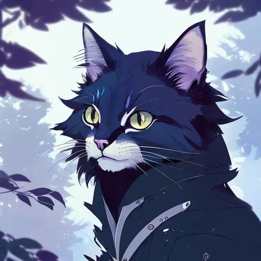 Prompt: A sleek anime illustration of a cat, shades of blue and purple, mystical forest setting, moonlight filtering through the trees, detailed fur with cool reflections, mysterious and captivating gaze, elegant collar with moonstone charm, best quality, highres, ultra-detailed, anime, fantasy, cool tones, detailed eyes, mystical, professional, atmospheric lighting
