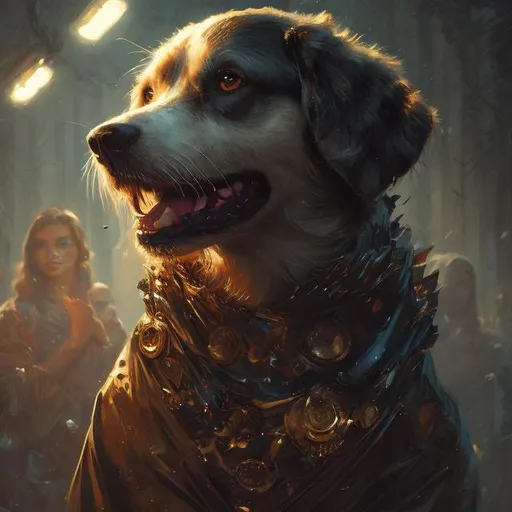 Prompt: a dog, evening gown, detailed face, digital art, beautiful lighting, happy atmosphere, trending on artstation, by Dan Mumford, by Artem Demura, by Greg Rutkowski
