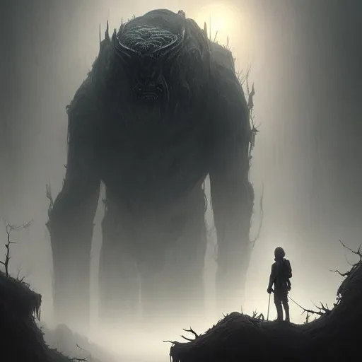 Prompt: Design a hauntingly detailed, photorealistic close-up of a trembling explorer gazing up at a colossal giant silhouette through a thick, eerie mist in the early morning light, fantasy art, terror, intricate, digital painting, artstation.