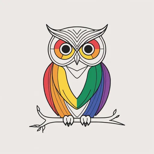 Prompt: Minimalist line drawing of an owl, LGBTQ2+ pride flag,  high contrast, precise details, symbolizes inclusivity, prideful, minimalism, LGBTQ2+ pride, clean design, symbolic, full color, high contrast, line art, precision, expressive, pride flag, owl, symbolic representation