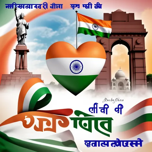 Prompt: a heart shaped flag with the indian flag in the background and a monument in the background with the indian flag, Bapu, samikshavad, post processed, a digital rendering