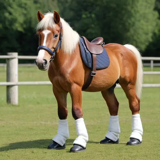 Prompt: Very German pony with sport shoes 4 legs