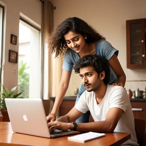 Prompt: Modern house interior with Maharashtrian young couple, wheatish modern girl working on laptop, whitish boy with curly hair and slight beard, playful argument, natural lighting, high quality, realistic, modern, detailed facial expressions, candid moment, interior design, warm tones, casual attire, playful atmosphere, candid moment, highres, detailed, realistic, modern, indoor, warm tones, natural lighting