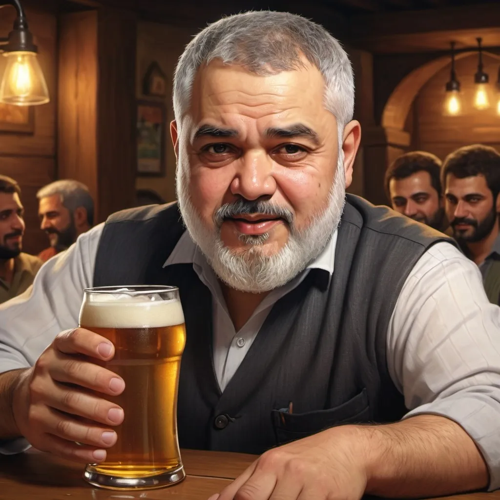 Prompt: ismail haniyeh Holding a beer