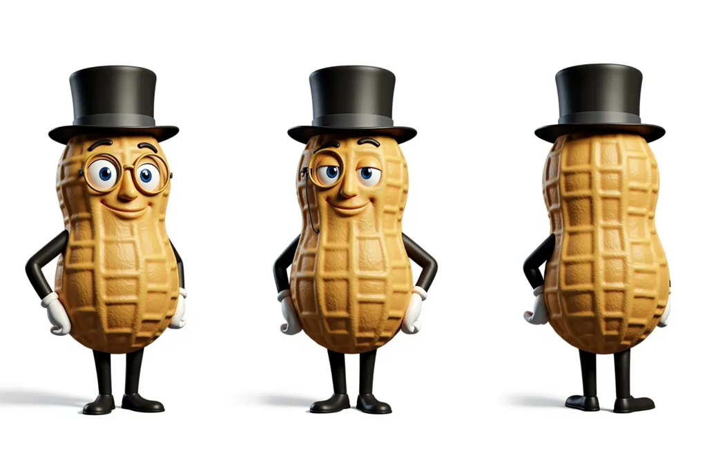 Prompt: A full-body character sheet of 3D cartoon male peanut Mr. Peanut b8e6f15f with brown peanut shell with black top hat, monocle, white gloves, and black shoes displayed in three clear views on a clean white background, arranged in a three-column grid pattern with equal spacing and importance. Left panel: front view showing complete anatomical details and outfit. Center panel: perfect 90-degree side view (profile) clearly showing the character's side silhouette, facial profile, and outfit from a direct lateral perspective. Right panel: back view revealing posterior details Each view maintains consistent scale, lighting, and full-body presentation from head to toe. All three perspectives must be equally detailed and given equal prominence in the composition.