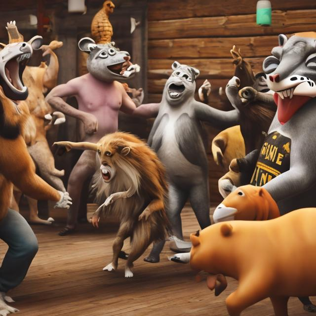 Prompt: Lots of animals dancing and drinking beer together

