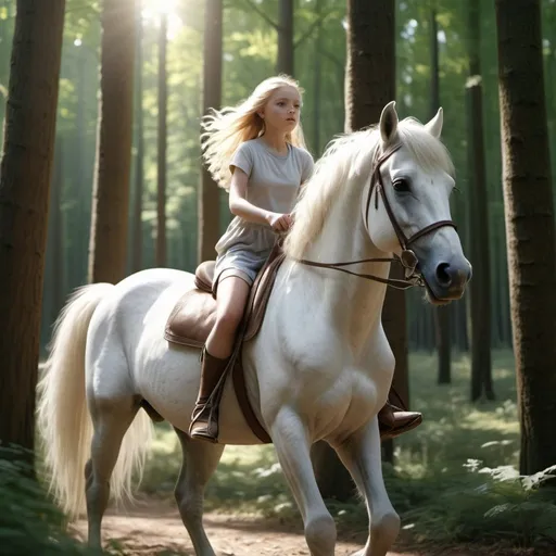 Prompt: real 4k 3d young girl riding a beautiful white horse with a flowing mane, exploring a dense forest with tall trees and dappled sunlight, both of them filled with a sense of adventure and curiosity
