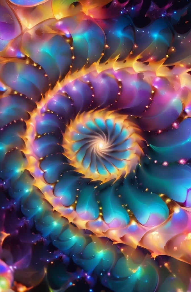 Prompt: Vivid close-up of a colorful spiral featuring a strikingly large center. The background showcases a glowing spiral with intricate details like spiralling fractals, iridescent whirls, and spirals swirling outward in abstract fractal art. The design embodies torus energy, representing a mesmerizing blend of paint swirls and phyllotaxis in sacred geometric visuals.