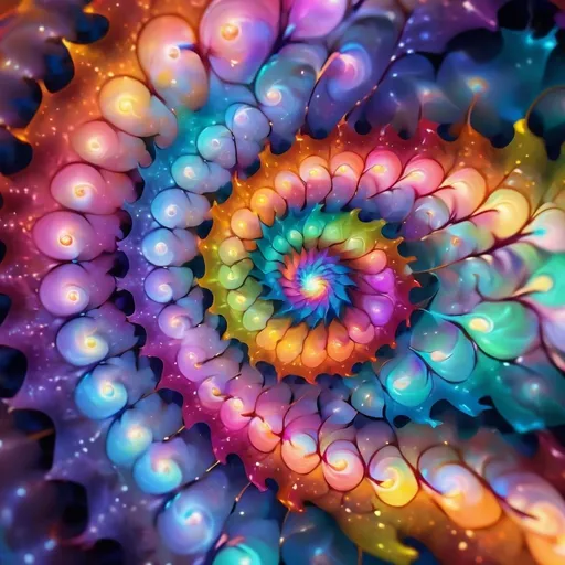 Prompt: Vivid close-up of a colorful spiral featuring a strikingly large center. The background showcases a glowing spiral with intricate details like spiralling fractals, iridescent whirls, and spirals swirling outward in abstract fractal art. The design embodies torus energy, representing a mesmerizing blend of paint swirls and phyllotaxis in sacred geometric visuals.