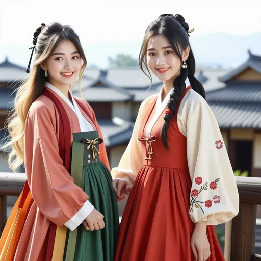 Prompt: (american-korean women wearing hanbok), vibrant hanbok colors, (blonde-haired, blue-eyed), graceful poses, intricate hanbok details, traditional patterns, charming facial expressions, soft smiles, Korean architecture in the background, detailed rooftops, warm sunlight casting beautiful shadows, serene ambiance, culturally rich atmosphere, harmonious blend of traditions, (ultra-detailed), (4K quality).