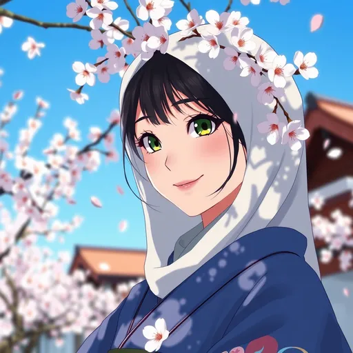 Prompt: A japanese anime women (wearing hijab) she is a half blooded japanese-arabian women with big green eyes, brown eyebrows, long eyelashes and beautiful cute asian nose, (smiling calmly) in traditional japanese kimono with (cherry blossoms) gently falling around her, creating a calming and soothing atmosphere. Blue clear sky shades the shadow enhancing the women silhouette on the ground. Rendered in (4K ultra-detail), capturing the essence of amatuer women.