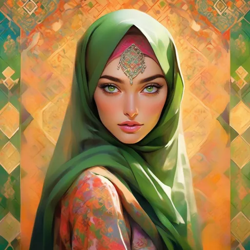 Prompt: (central content: female figure in hijab), (Japanese-Arabian fusion), elegant attire, striking green eyes, serene expression, intricate patterns on hijab, soft lighting, warm and inviting ambiance, lush background depicting harmonious cultural elements, HD, ultra-detailed, vibrant colors, blending styles representing cultural diversity, capturing beauty and grace.