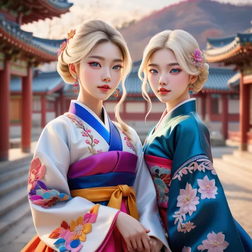 Prompt: Hanbok-clad women, (American-Korean blend), wearing traditional attire with vibrant colors, (elegantly embroidered), featuring intricate patterns, soft lighting, blue-eyed, blonde-haired features, set against a (stunning Korean architectural backdrop), beautifully detailed, colorful, bustling ambiance, (ultra-detailed), evoking cultural fusion, warm tones, tranquil yet dynamic, celebrating heritage.