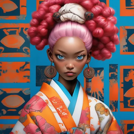 Prompt: Japanese-African individual with (dyed orange-pink hair) and (vibrant blue eyes), adorned with (eye-catching African accessories) while wearing a (traditional kimono). The atmosphere conveys a sense of cultural fusion and vibrancy. The background showcases a harmonious blend of Japanese and African elements, creating a rich tapestry of color and texture, captured in (ultra-detailed) quality, highlighting the uniqueness of the subject.