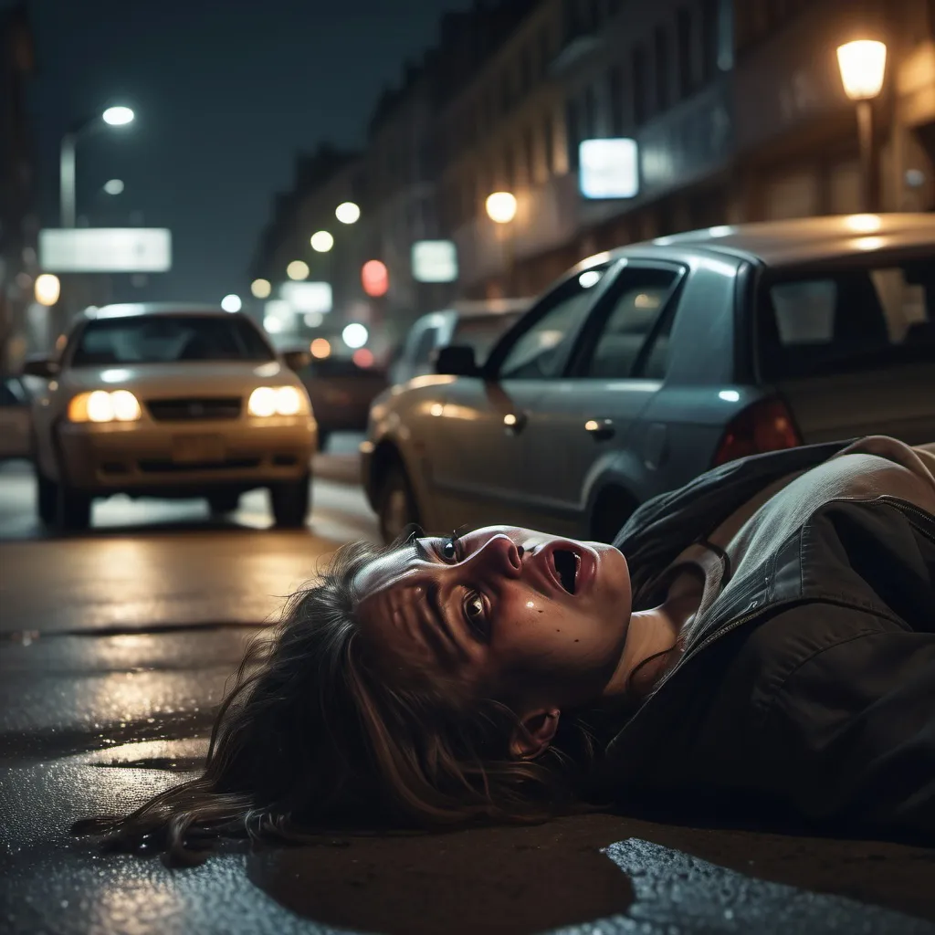 Prompt: (impactful scene) A woman lying under a car, dramatic lighting, (expressions of urgency) shocked bystanders, (grim atmosphere) dark urban street setting with blurred city lights, (high tension) emphasizing the moment of a road accident, muted colors, detailed pavement textures, (4K), ultra-detailed, capturing a sense of chaos and concern.