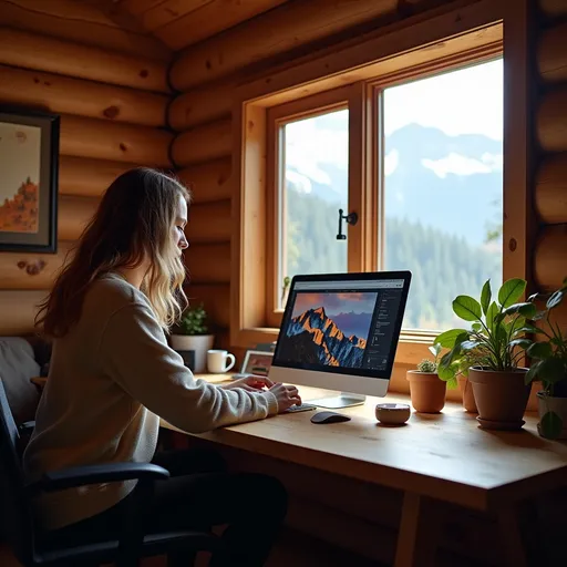 Prompt: person creates a beautiful website, in a log cabin office space with mountain view out the window