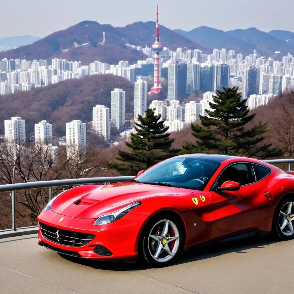 Prompt: one red roma ferrari in the SEOUL TOWER