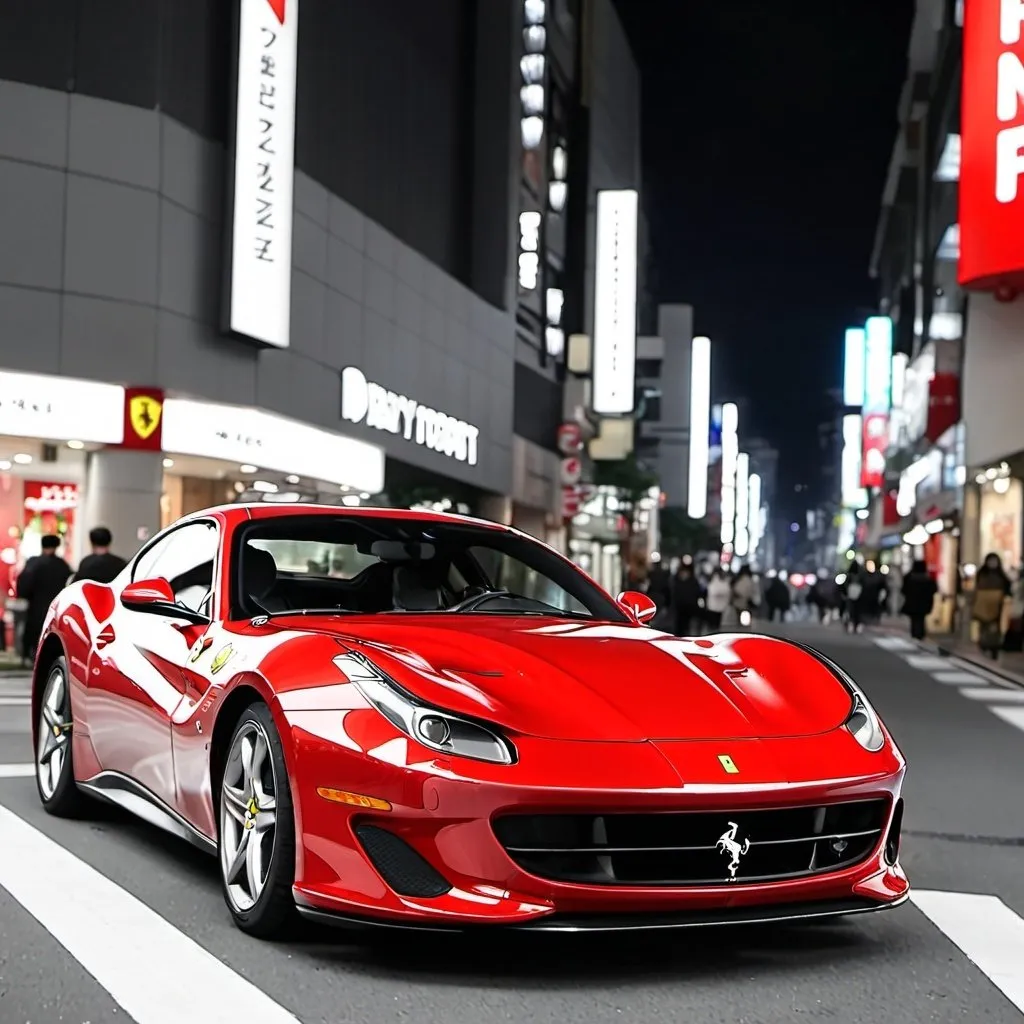 Prompt: one red roma ferrari in MYEONGDONG IN THE NIGHT