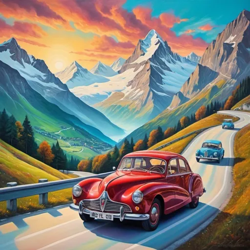 Prompt: Surreal painting of a road trip to Switzerland, vibrant and majestic mountain landscapes, vintage car traveling on winding roads, surreal color palette, dreamlike atmosphere, oil painting, detailed car with classic design, high-quality, surrealism, Swiss Alps, vintage car, vibrant colors, dreamy lighting