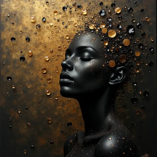 Prompt: black peaceful art with gold and brown enhancements