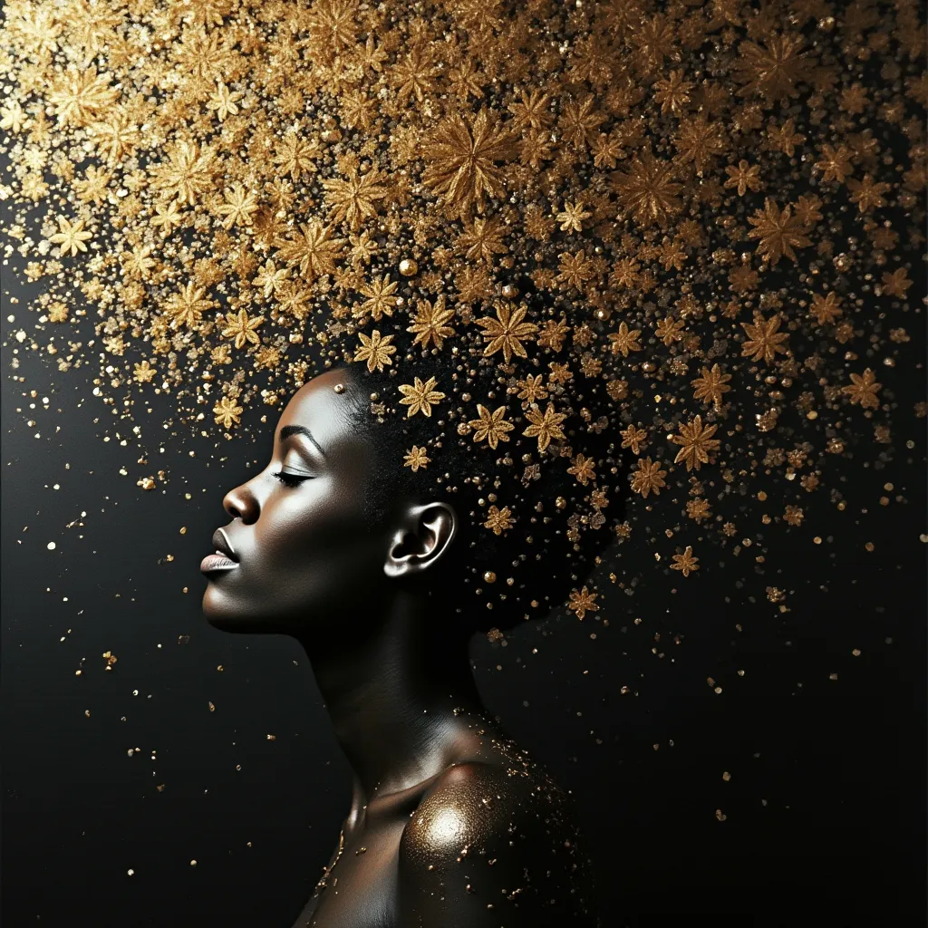 Prompt: black peaceful art with gold and brown enhancements