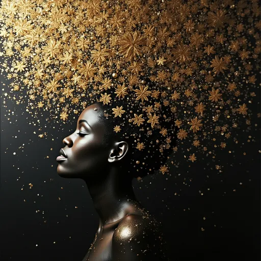 Prompt: black peaceful art with gold and brown enhancements