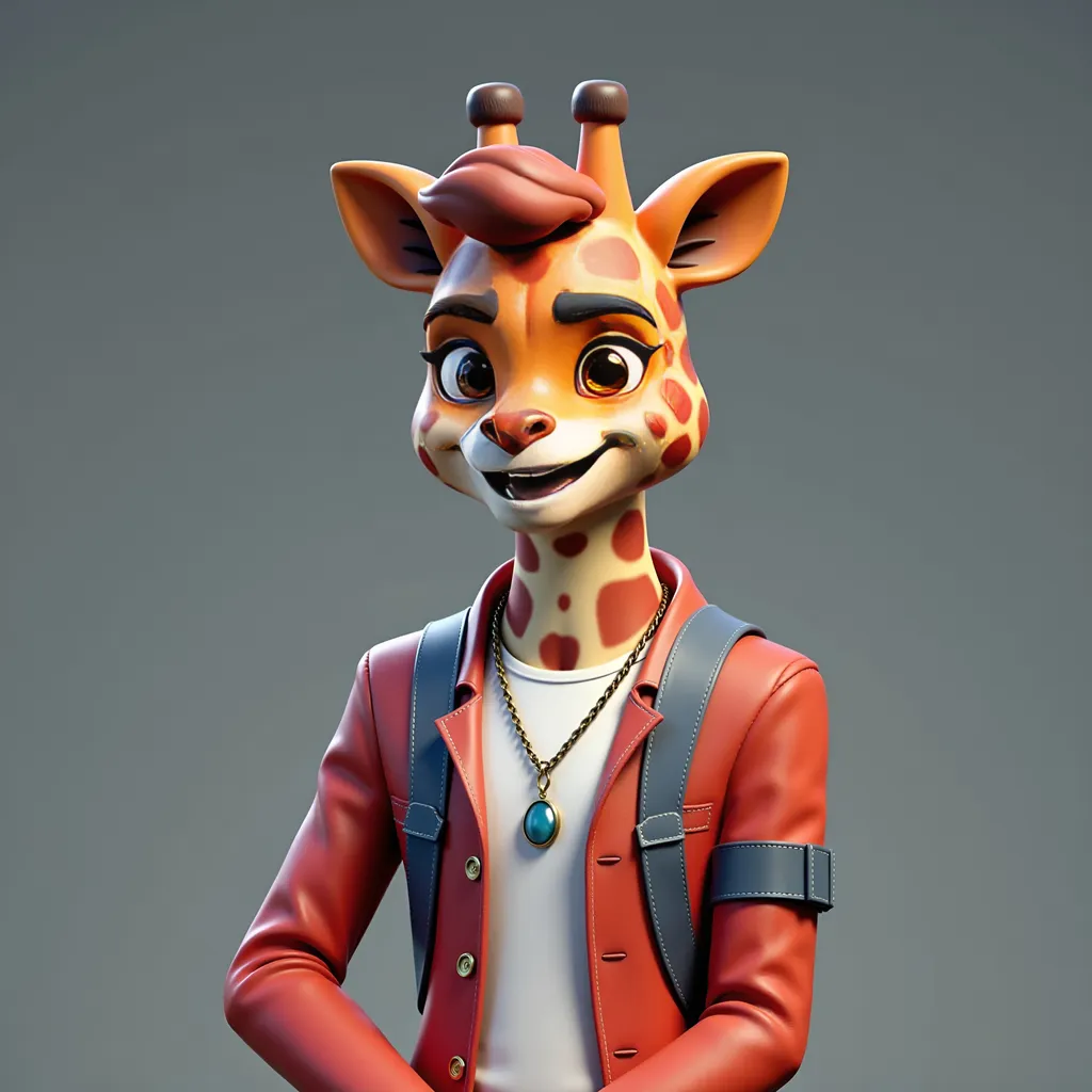 Prompt: a cartoon character with a red jacket and a necklace on his neck and a giraffe head on his chest, Cedric Seaut (Keos Masons), furry art, unreal engine 5 quality render, a 3D render